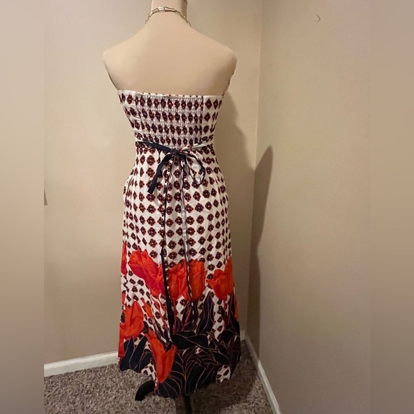 Anthropologie Maeve Strapless Orange, Navy & Ecru Floral Midi Dress, size 4 - Picture 2 of 10